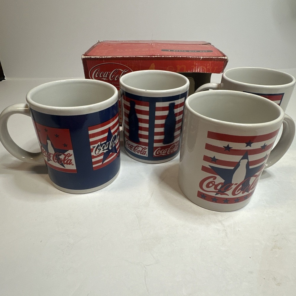Vtg Stars and Stripes Coca-Cola Gibson Coffee  Mugs 2002- 4 Piece Original Box